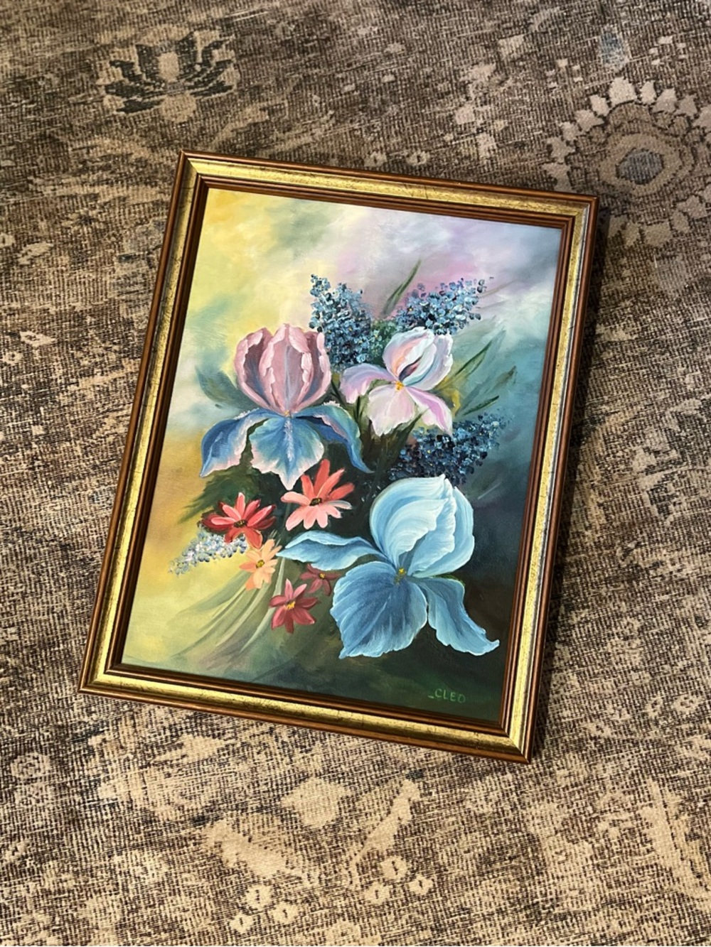 Vintage original floral Iris Lilac oil painting, artist signed "CLEO”